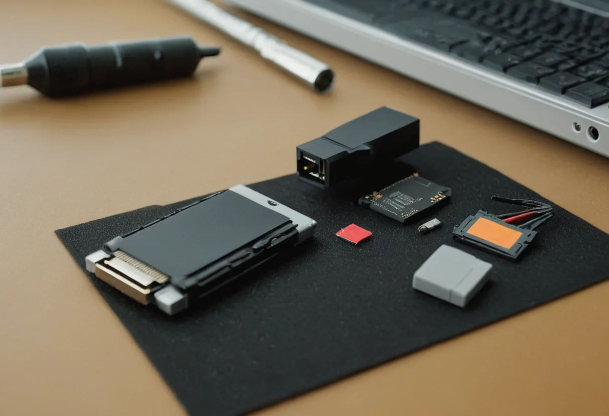 Ein USB-Stick und eine Speicherkarte auf der Antistatikmatte auf einer Werkbank für Spielekonsolen