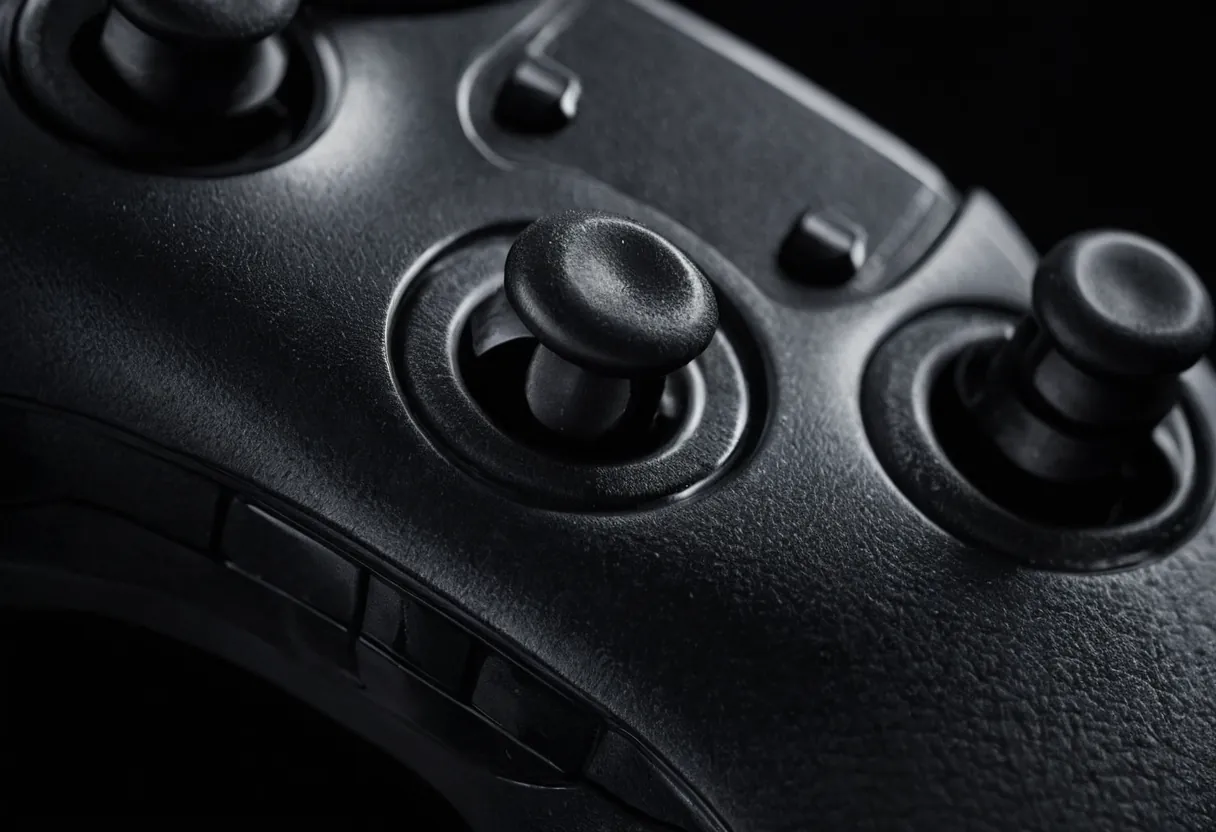 Ein geöffneter Controller mit Analogsticks und Platine auf einer Werkbank für Spielekonsolen