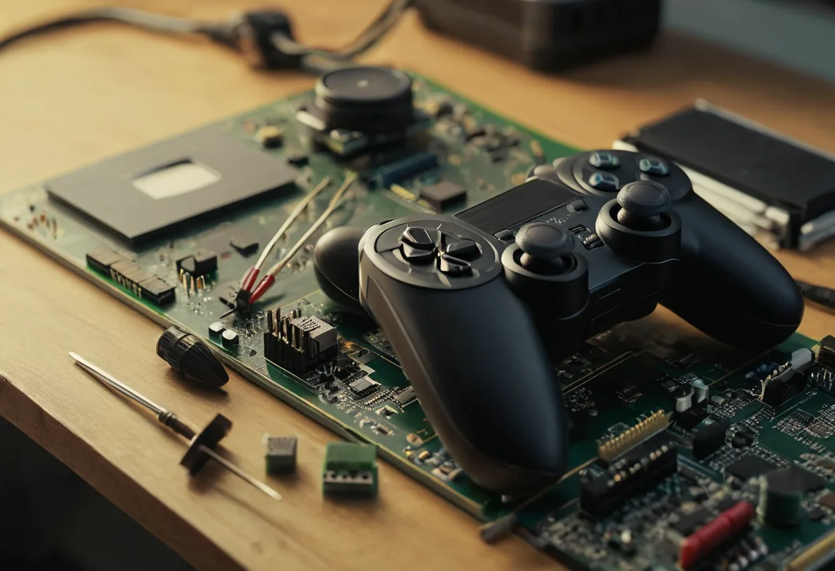 Ein geöffneter Controller mit Analogsticks und Platine auf einer Werkbank für Spielekonsolen
