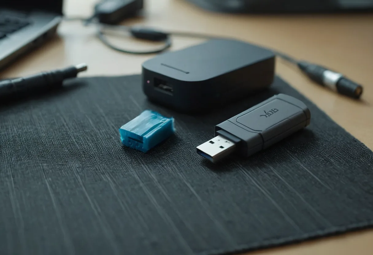 Ein USB-Stick und eine Speicherkarte auf der Antistatikmatte auf einer Werkbank für Spielekonsolen