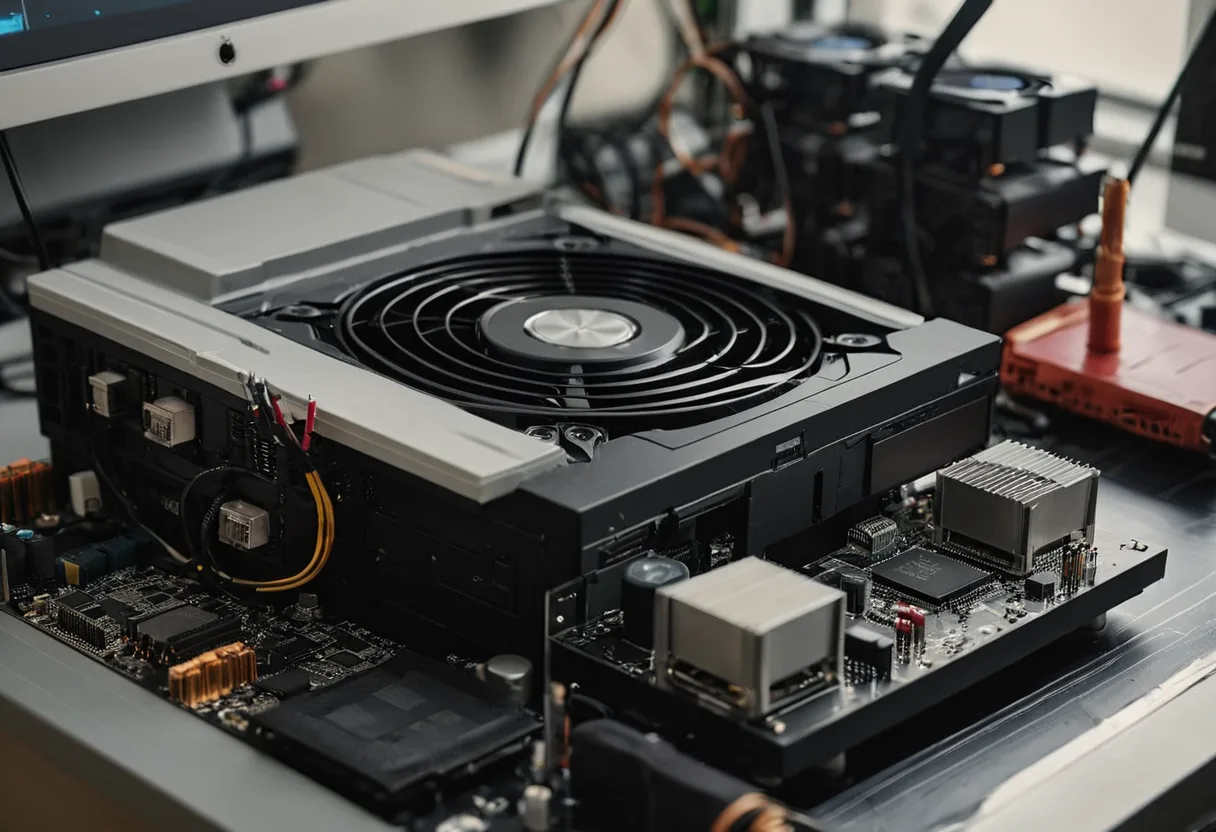 Eine geöffnete Spielekonsole mit Kühlkörper auf einer Werkbank für Spielekonsolen