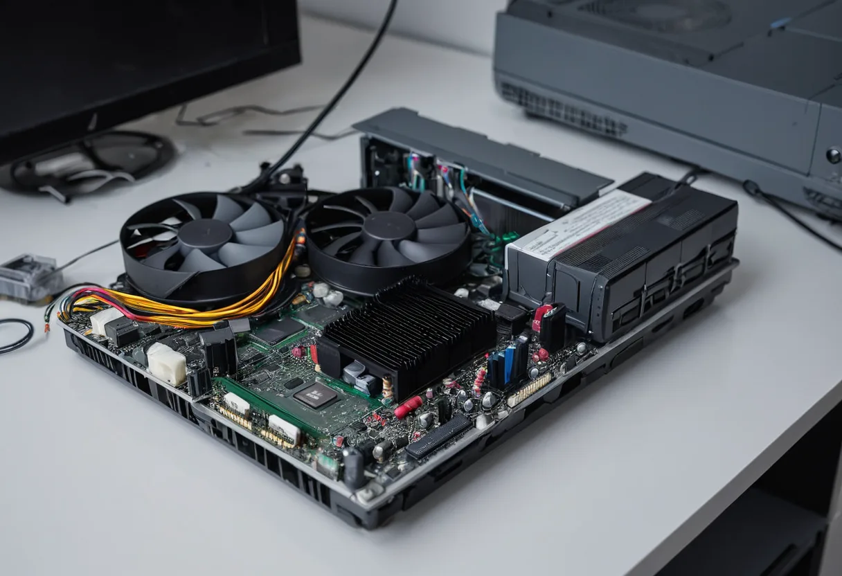 Eine geöffnete Spielekonsole mit Kühlkörper auf einer Werkbank für Spielekonsolen