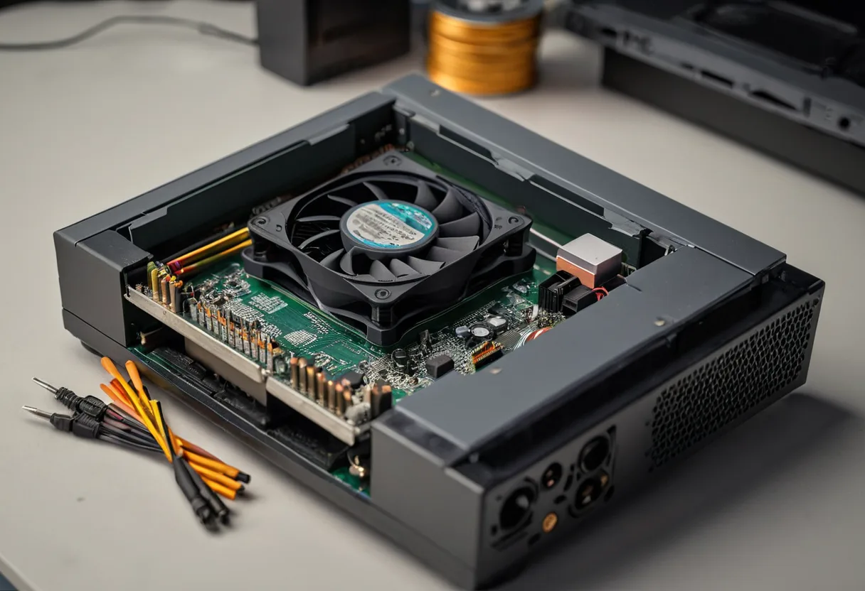 Eine geöffnete Spielekonsole mit Kühlkörper auf einer Werkbank für Spielekonsolen