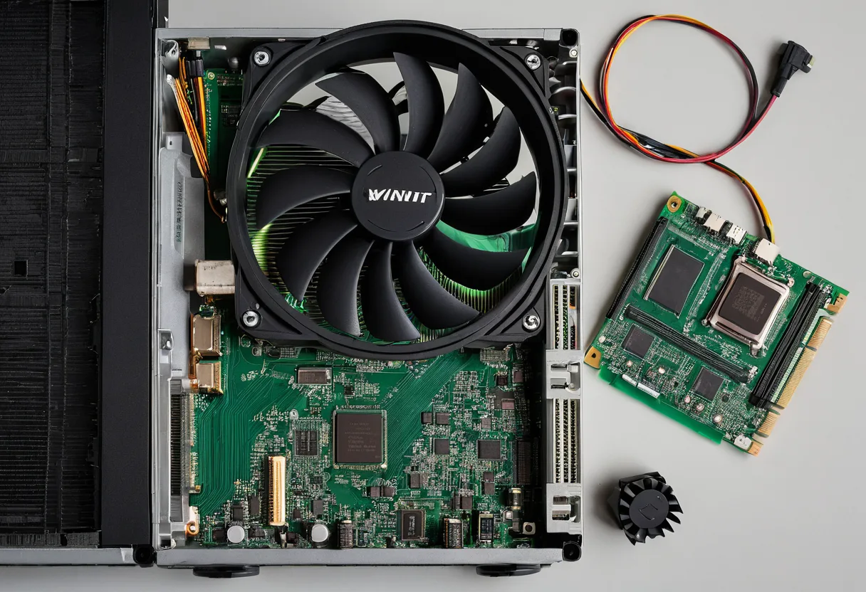 Eine geöffnete Spielekonsole mit Kühlkörper auf einer Werkbank für Spielekonsolen