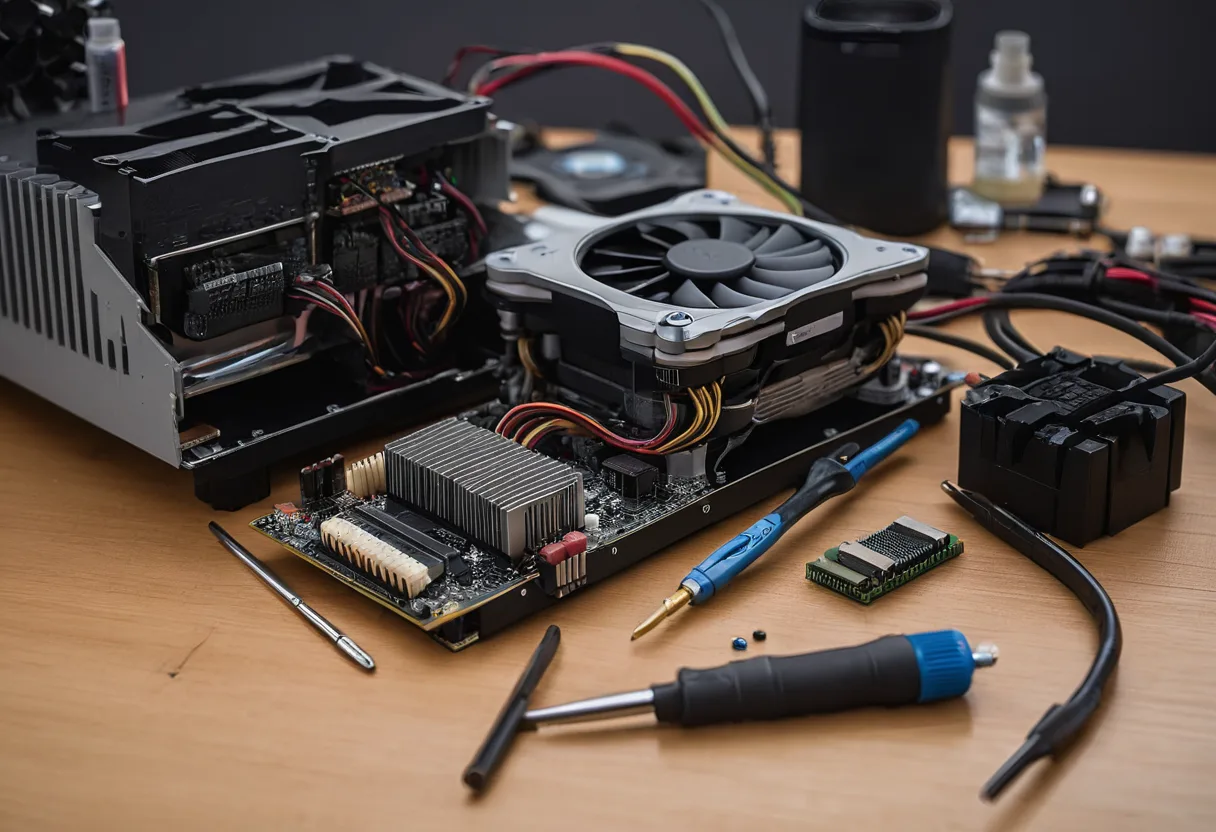 Eine geöffnete Spielekonsole mit Kühlkörper auf einer Werkbank für Spielekonsolen