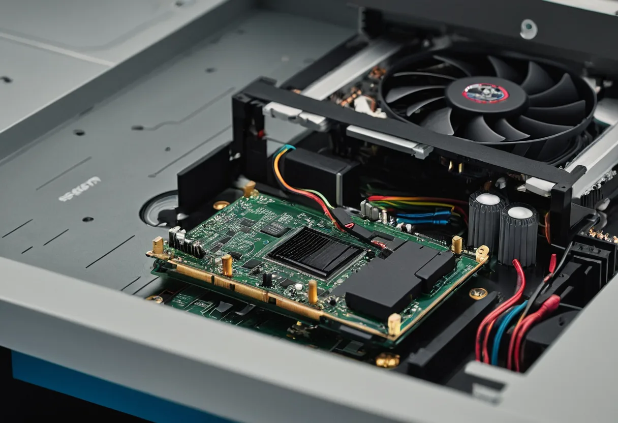 Eine geöffnete Spielekonsole mit Kühlkörper auf einer Werkbank für Spielekonsolen