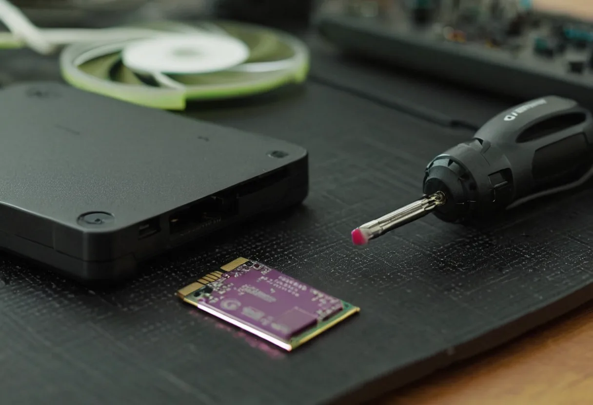 Ein USB-Stick und eine Speicherkarte auf der Antistatikmatte auf einer Werkbank für Spielekonsolen