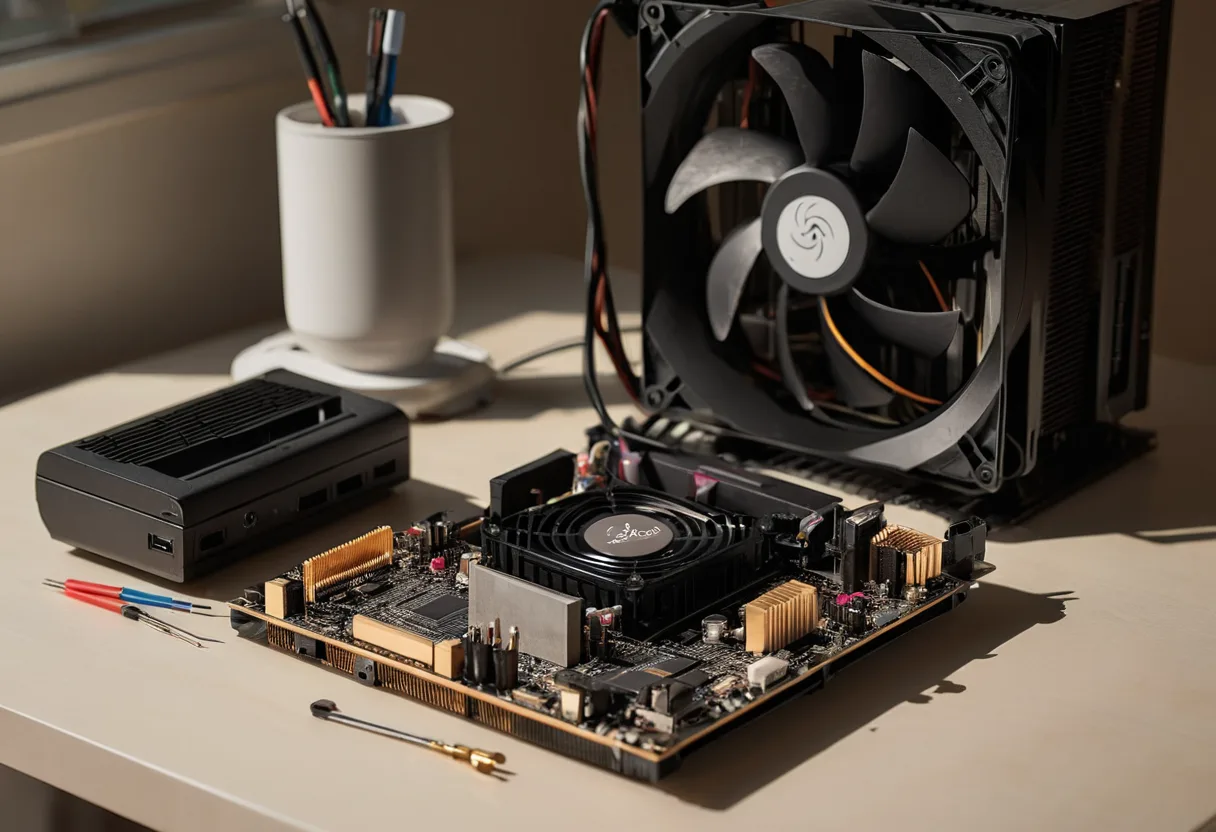 Eine geöffnete Spielekonsole mit Kühlkörper auf einer Werkbank für Spielekonsolen