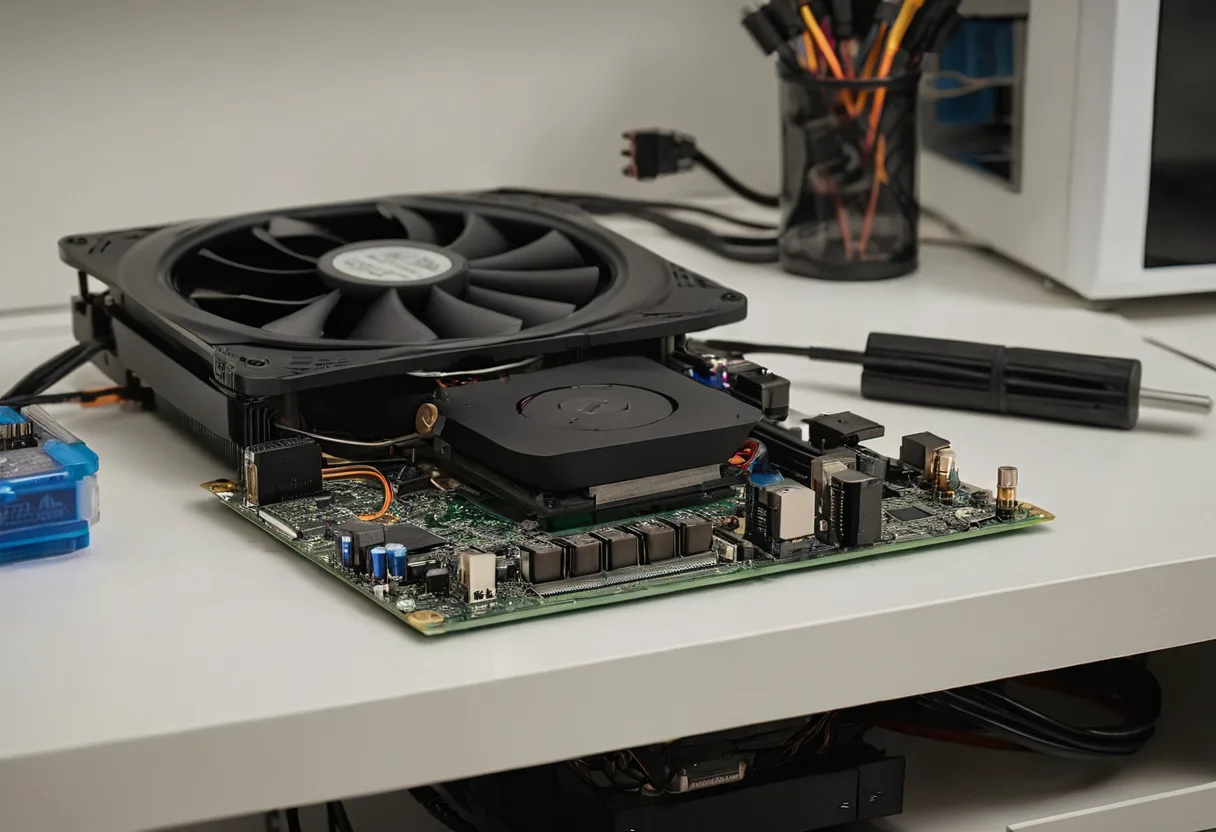 Eine geöffnete Spielekonsole mit Kühlkörper auf einer Werkbank für Spielekonsolen