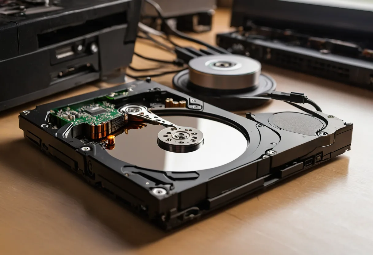 Eine geöffnete Festplatte neben einer SSD auf einer Werkbank für Spielekonsolen