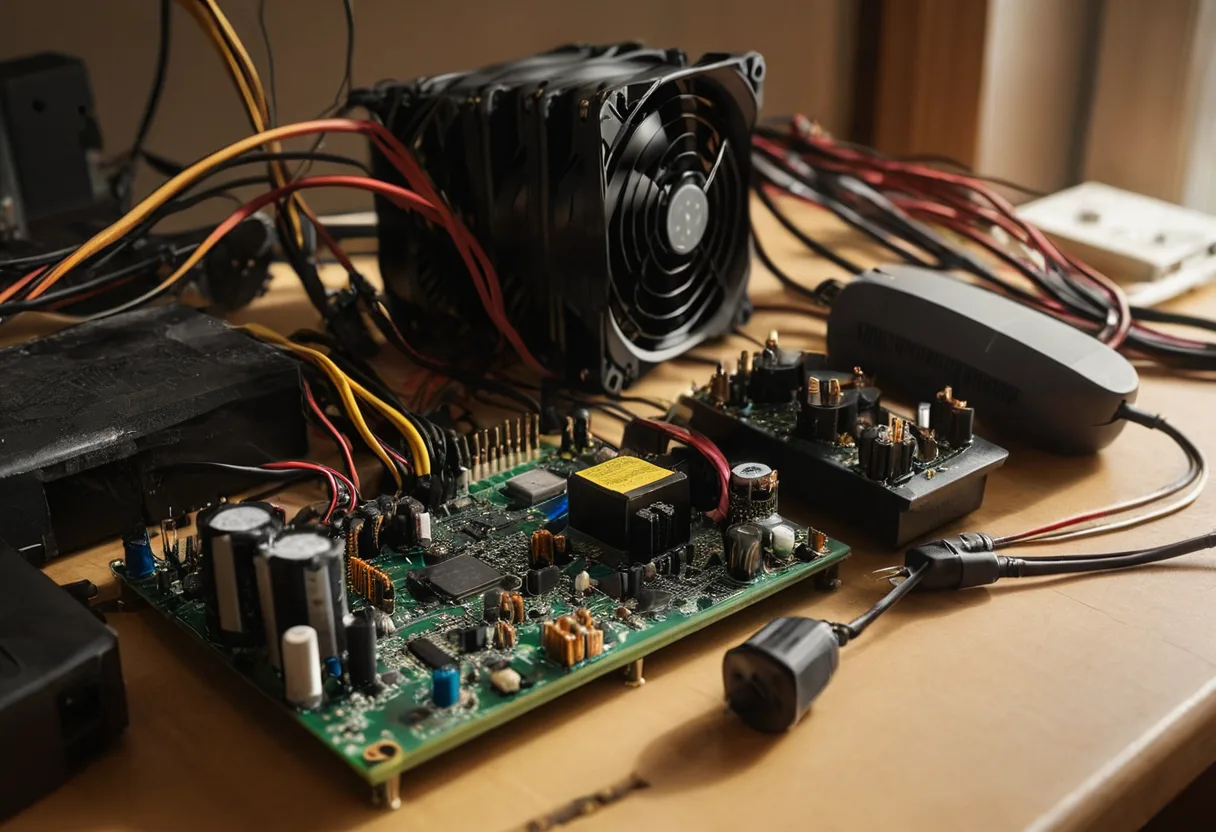 Eine Netzteilplatine mit Kondensatoren und Netzanschluss auf einer Werkbank für Spielekonsolen