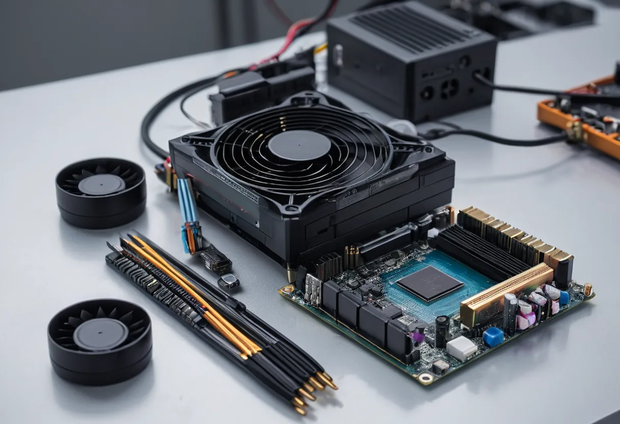 Eine geöffnete Spielekonsole mit Kühlkörper auf einer Werkbank für Spielekonsolen