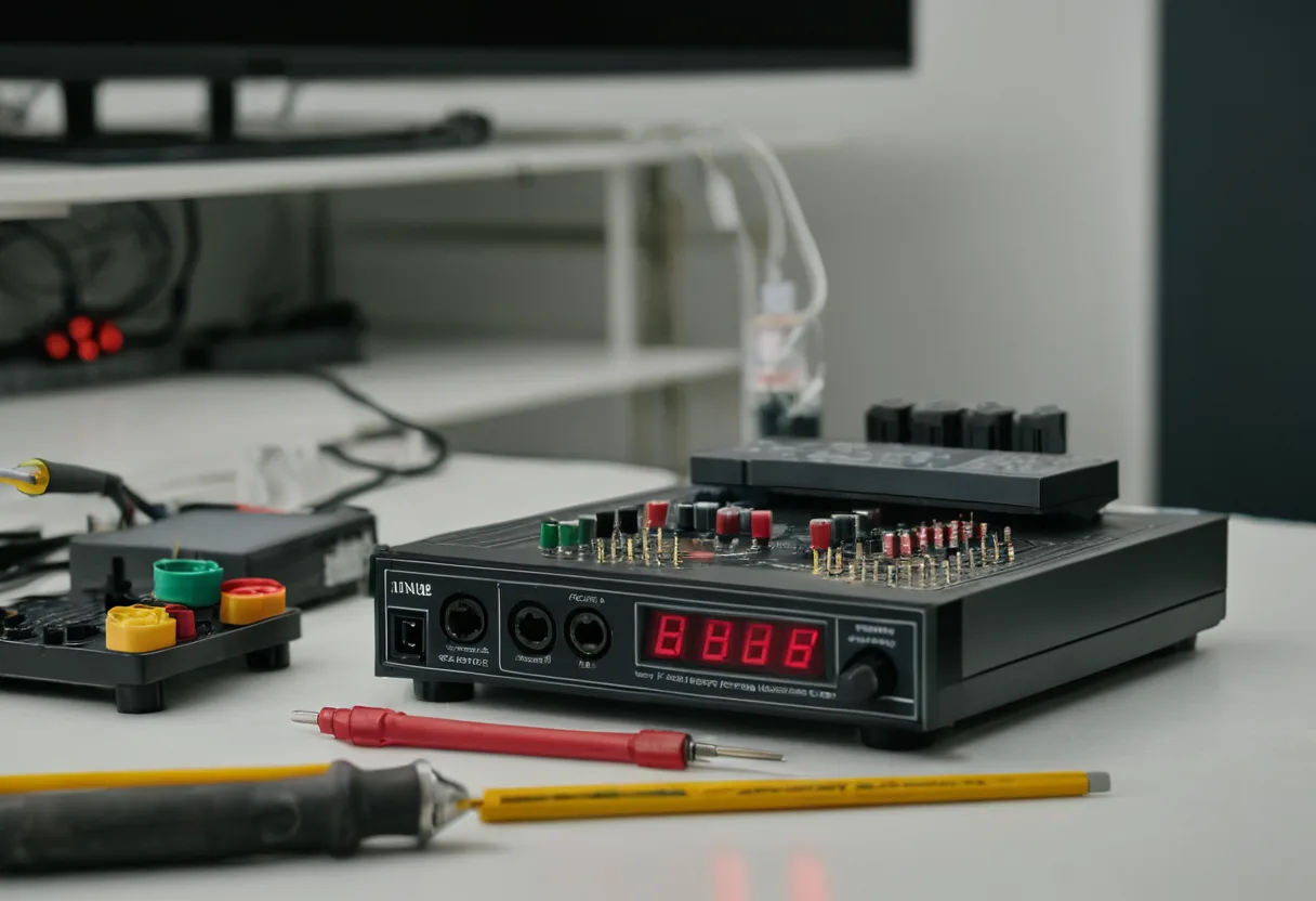 Das Anzeigefeld eines Geräts mit Kontrollleuchten auf einer Werkbank für Spielekonsolen