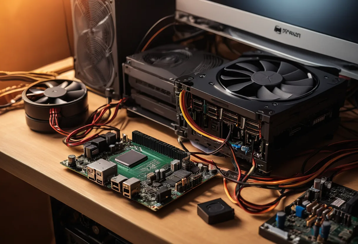 Eine geöffnete Spielekonsole mit Kühlkörper auf einer Werkbank für Spielekonsolen