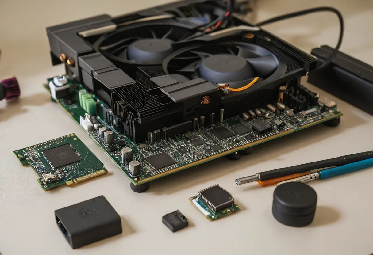 Eine geöffnete Spielekonsole mit Kühlkörper auf einer Werkbank für Spielekonsolen