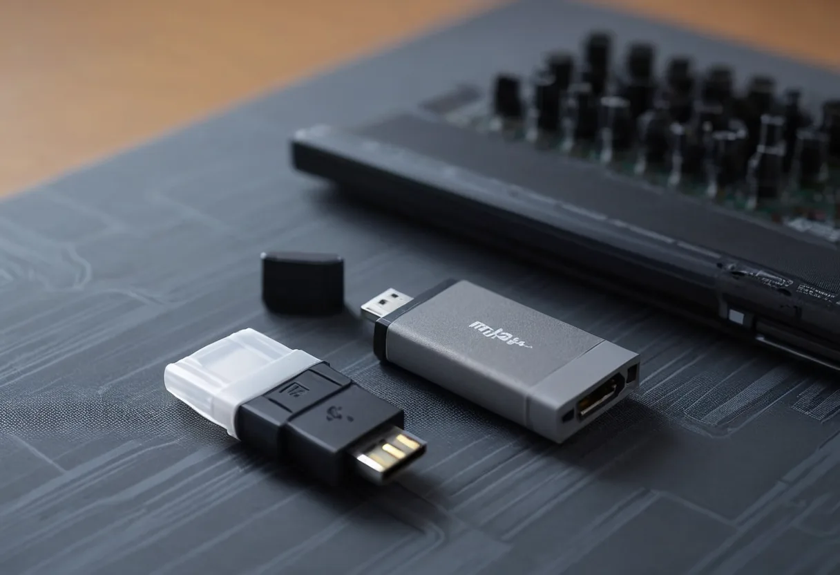 Ein USB-Stick und eine Speicherkarte auf der Antistatikmatte auf einer Werkbank für Spielekonsolen