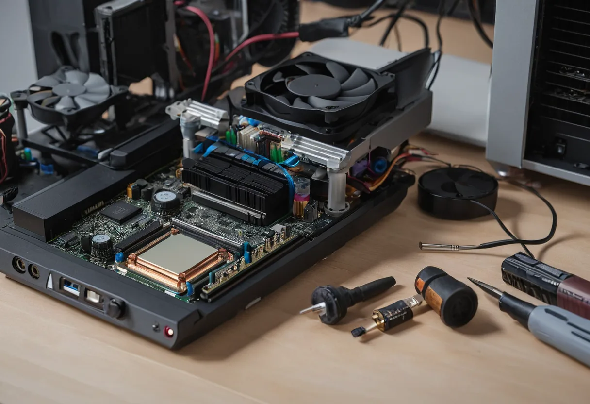 Eine geöffnete Spielekonsole mit Kühlkörper auf einer Werkbank für Spielekonsolen