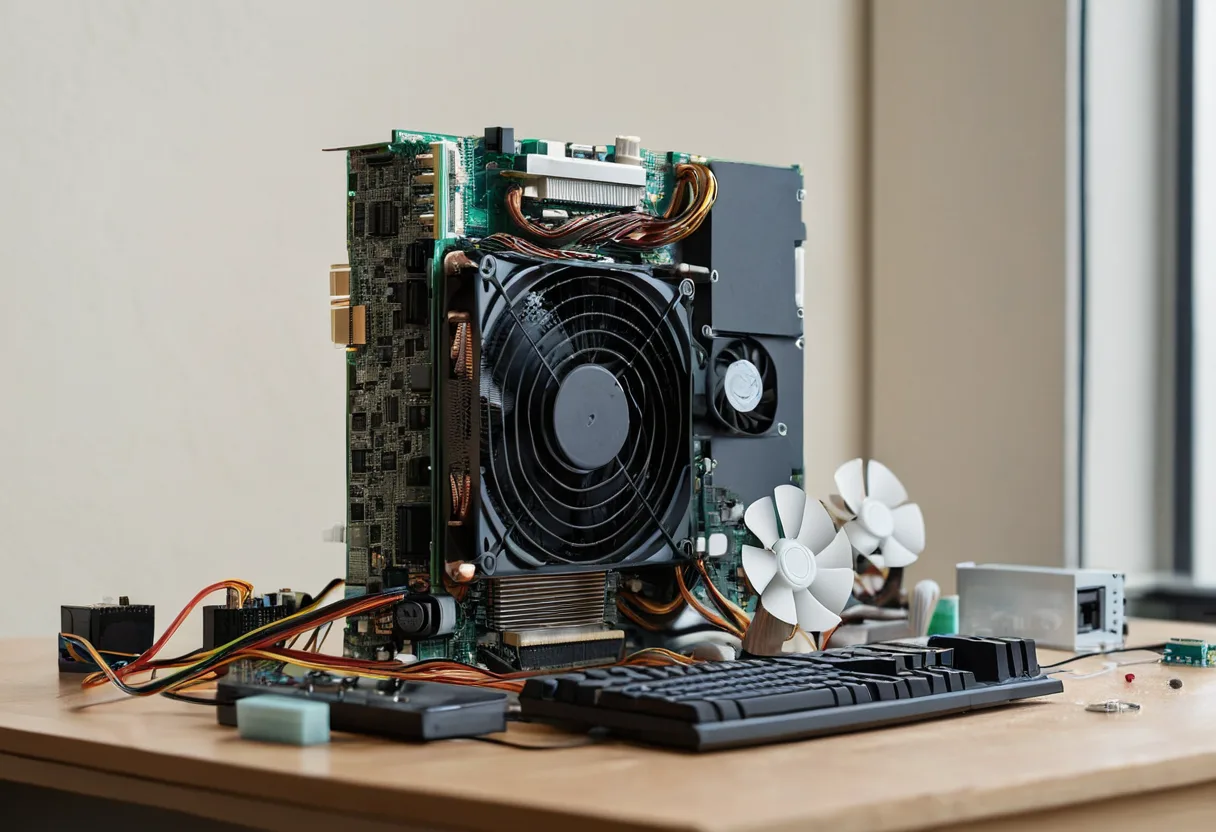 Eine geöffnete Spielekonsole mit Kühlkörper auf einer Werkbank für Spielekonsolen