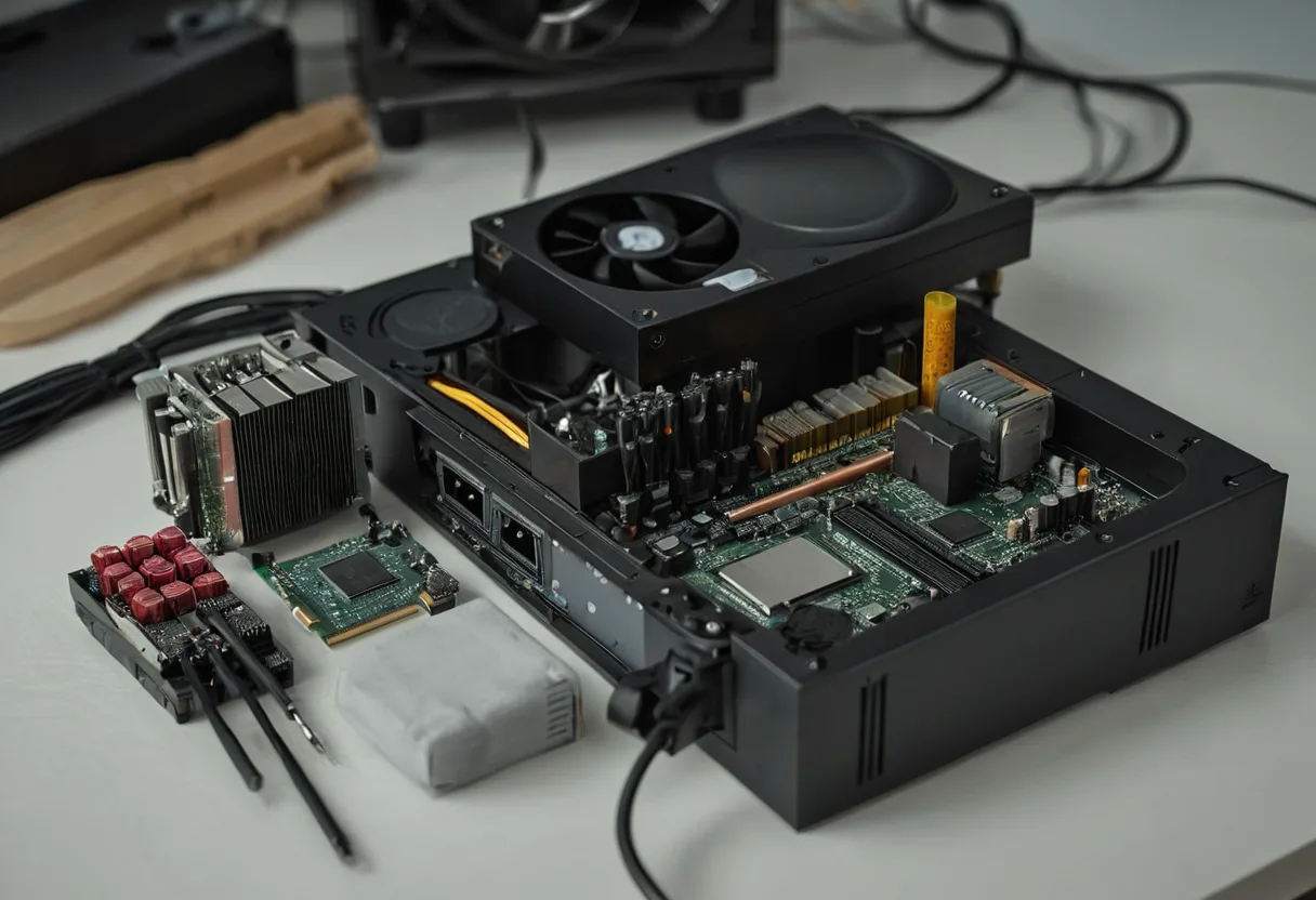 Eine geöffnete Spielekonsole mit Kühlkörper auf einer Werkbank für Spielekonsolen