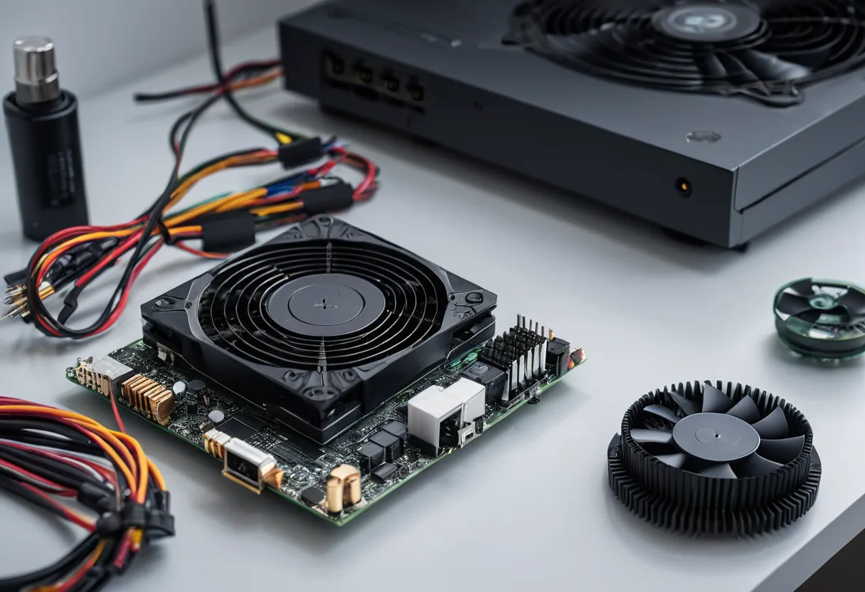 Eine geöffnete Spielekonsole mit Kühlkörper auf einer Werkbank für Spielekonsolen
