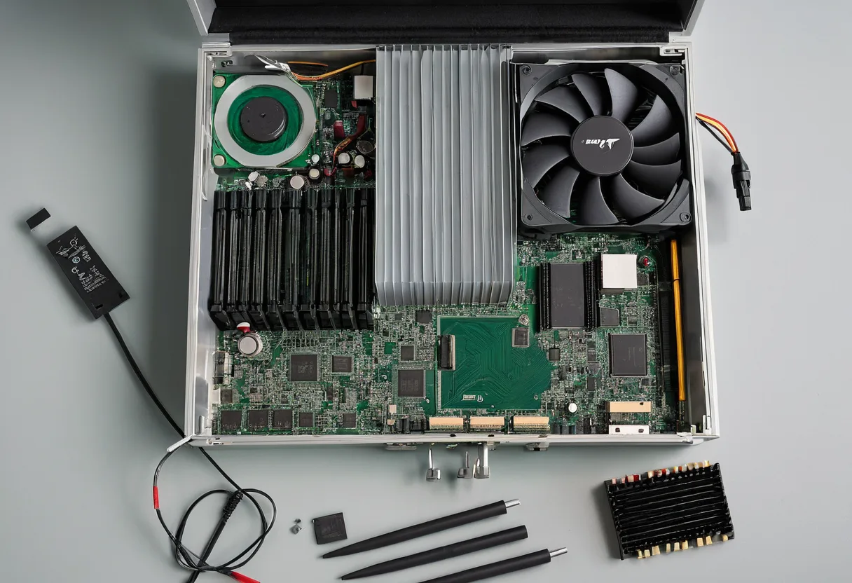 Eine geöffnete Spielekonsole mit Kühlkörper auf einer Werkbank für Spielekonsolen