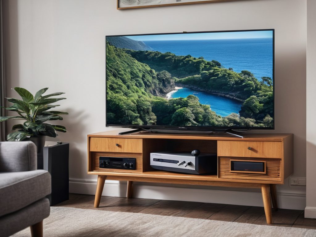 Retro-Spielkonsole am modernen Fernseher im Wohnzimmer